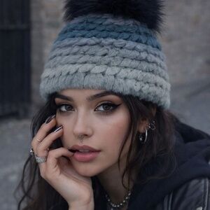 Saks 5th Ave JOCELYN Pompom Blue Knit Ski Hat